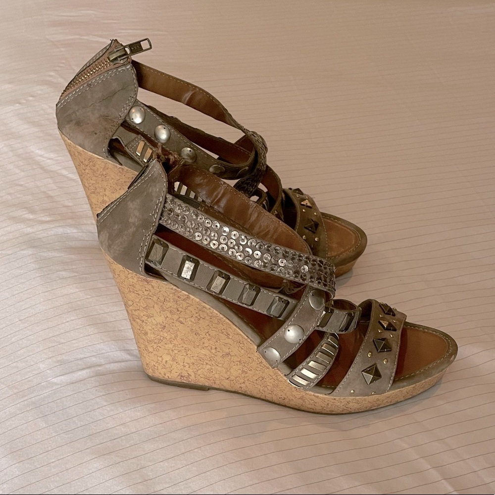 Candies Strutter Studded Strappy Open Toe Wedge Sandal - Taupe (Size 9)